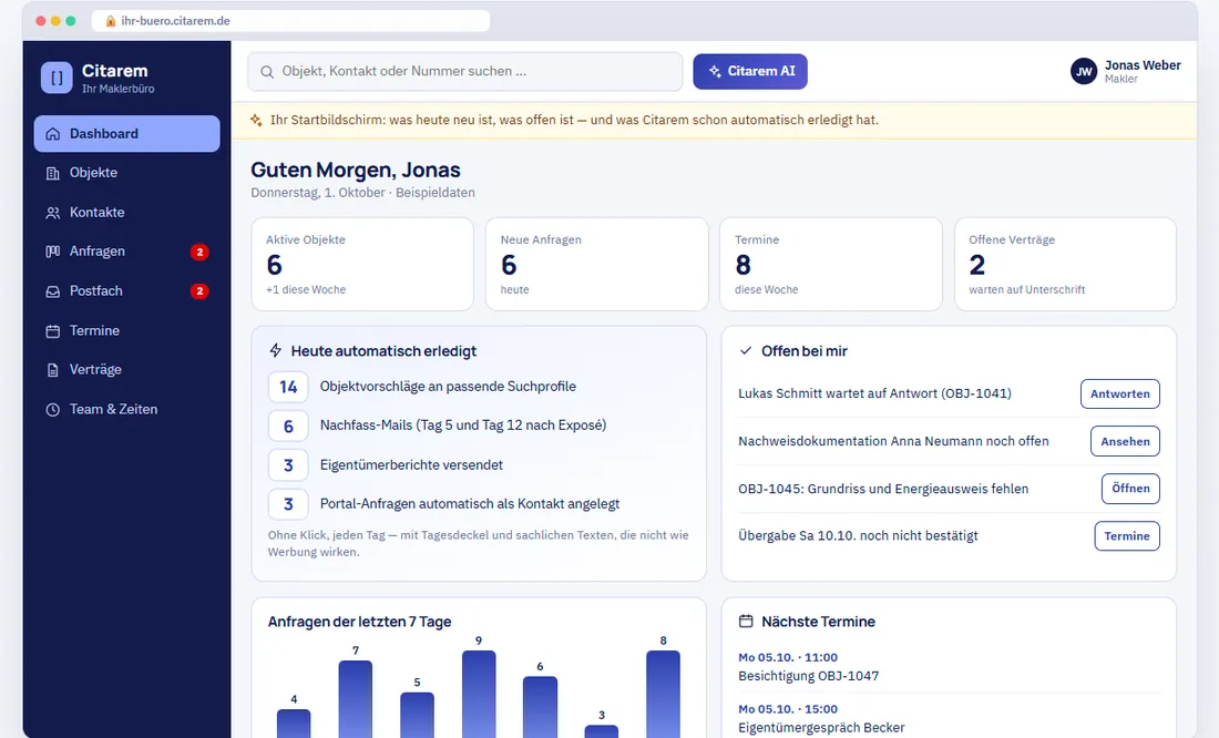 Objektdeck Dashboard mit Objekten, Anfragen und automatisch erledigten Aufgaben
