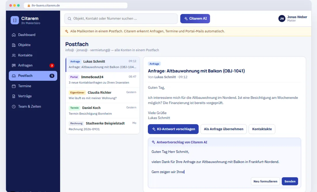 Objektdeck Postfach: Mails werden dem richtigen Objekt zugeordnet, mit Antwortvorschlag