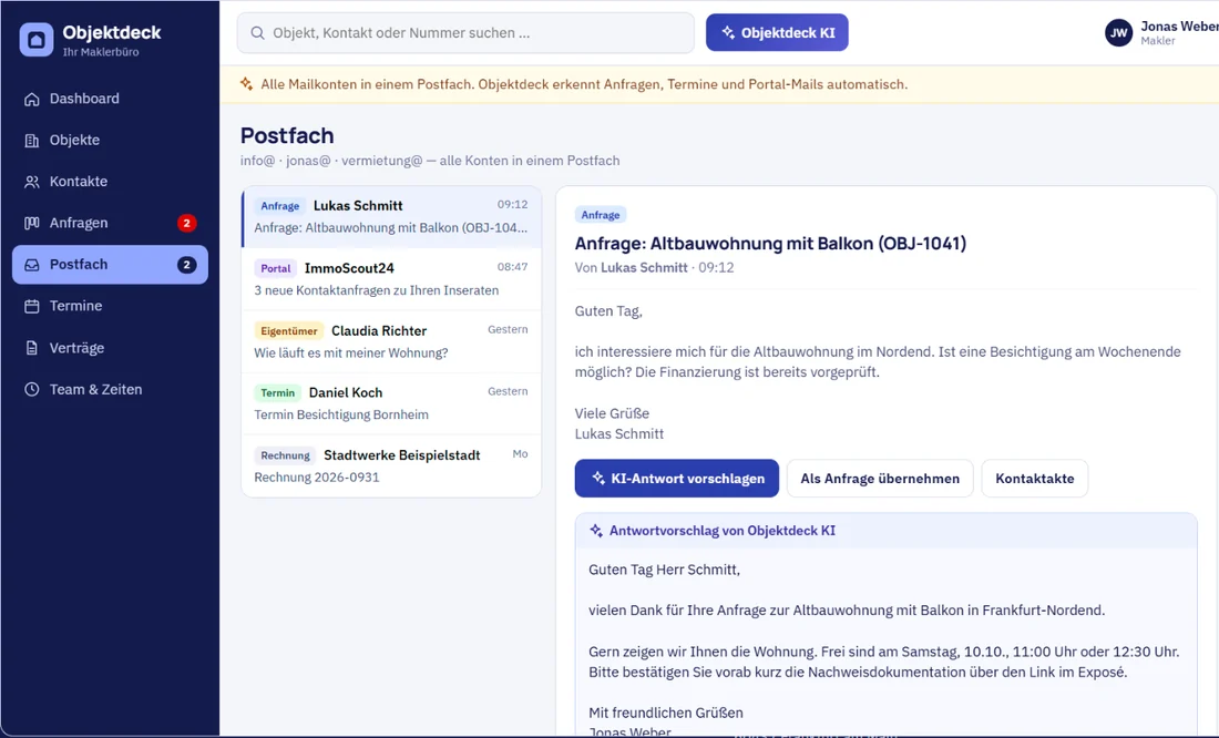 Objektdeck Postfach mit KI-Antwortvorschlag zu einer Objektanfrage