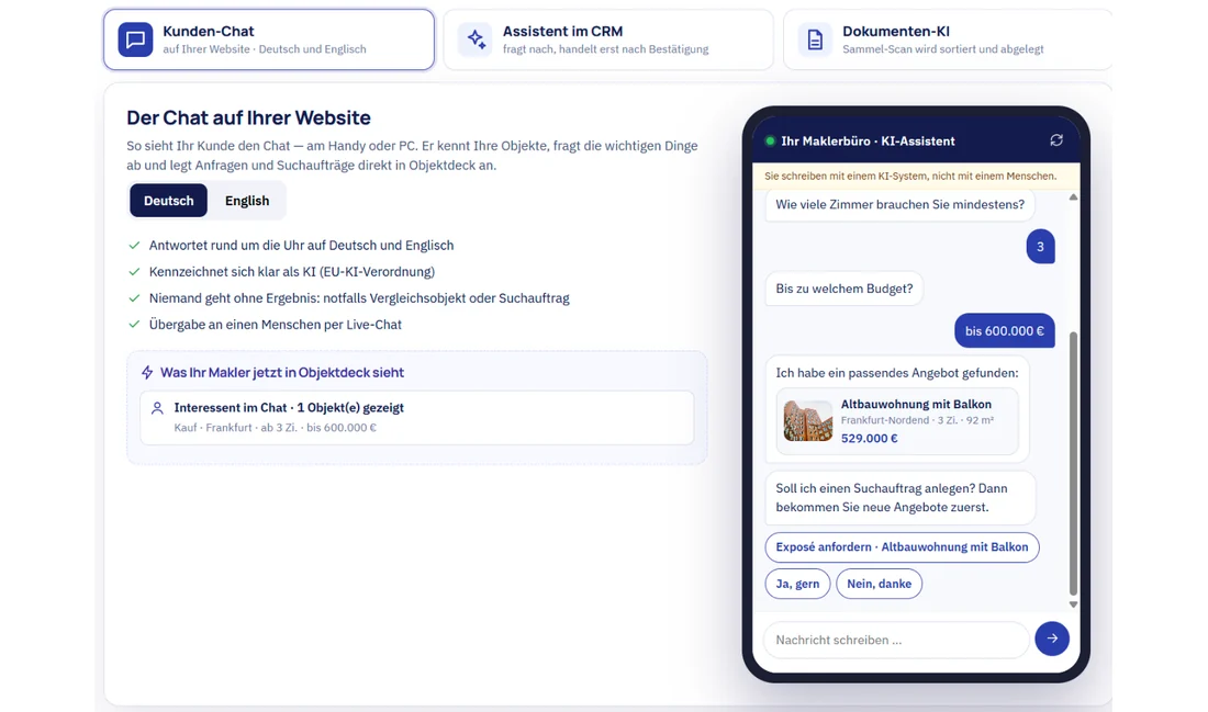 KI-Chat auf der Makler-Website mit Objektvorschlag