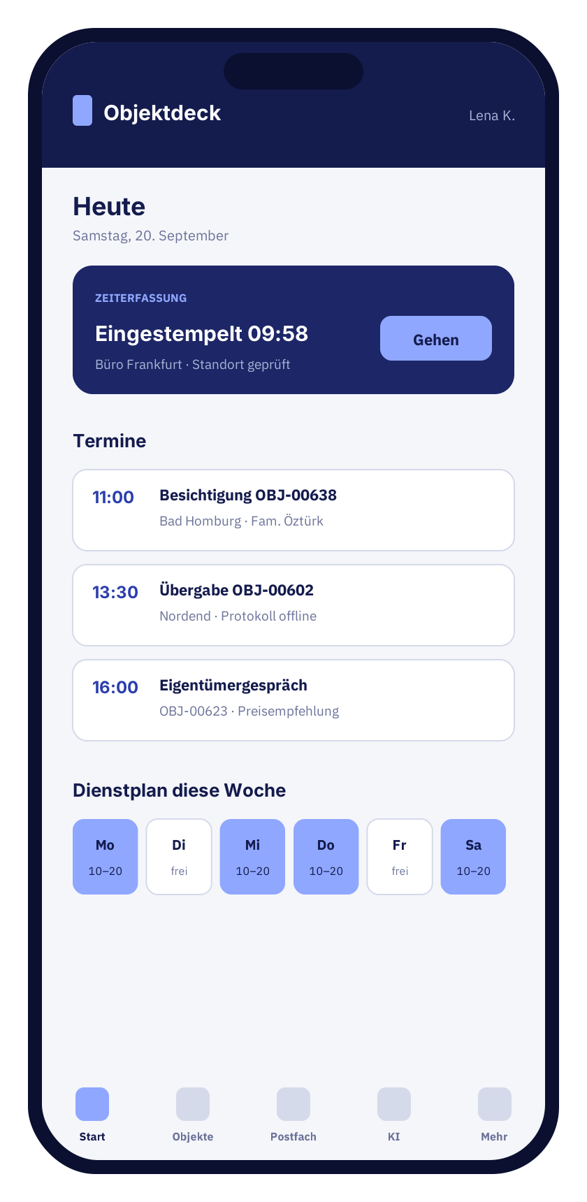 Mobile Ansicht mit Zeiterfassung und Terminen